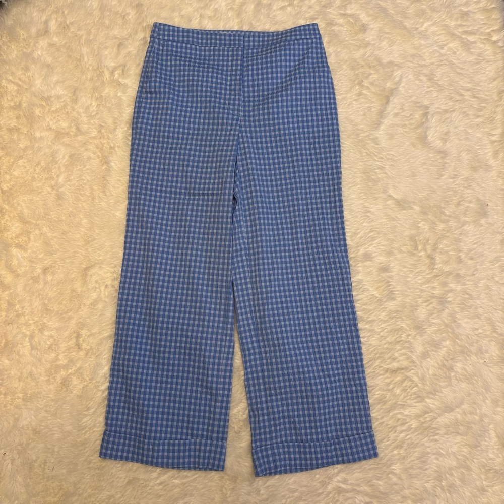 Pearl Blue & White Plaid Checkered Seersucker Casey Trousers Womens 4 Preppy